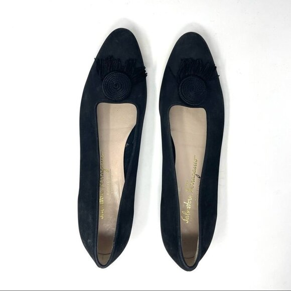 SALVATORE Ferragamo Black Suede Fringe Button Flats Size 9.5 Made in Italy